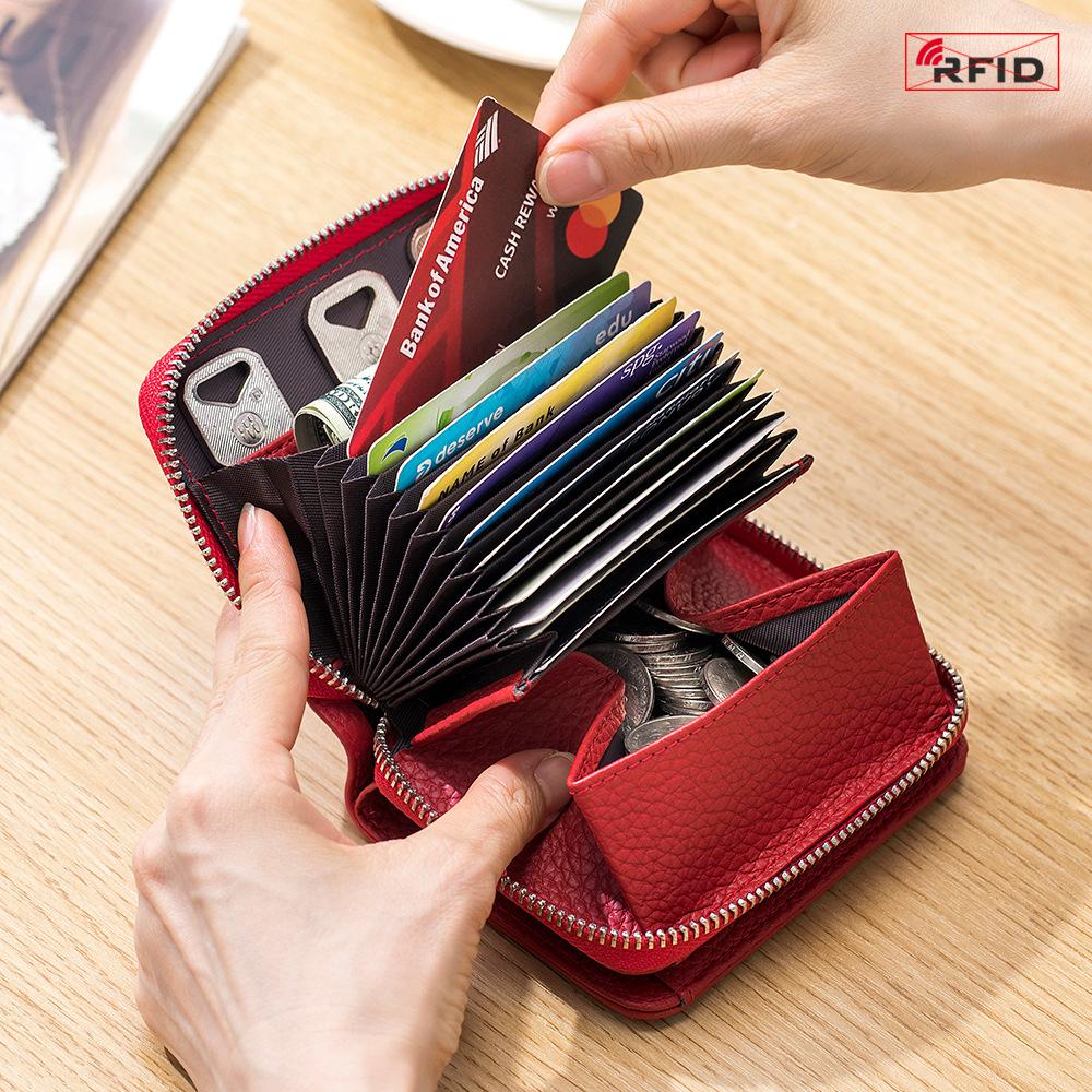Neue einfache und multifunktionale kurze Geldbörse, Damen japanischer Stil erste Schicht Rindsleder Akkordeon-Kartenetui, großes Fassungsvermögen