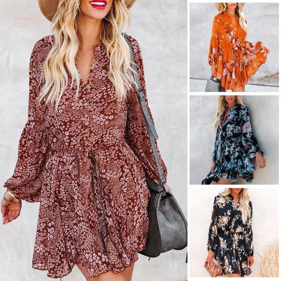 

Шифоновое платье с v-образным вырезом, термоусадочное женское платье со шнуровкой на манжетах, мягкая талия, плотное осеннее платье с цветочным принтом, женское