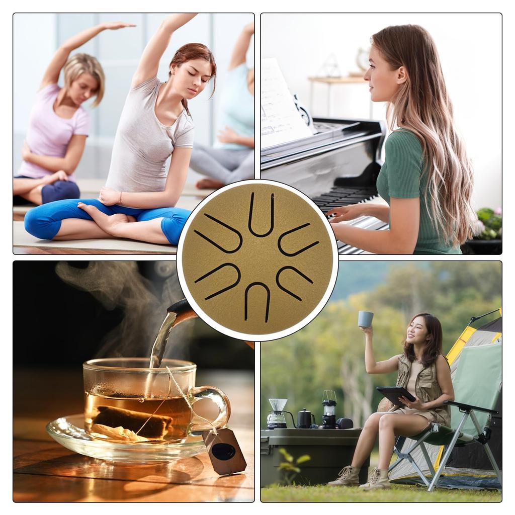 Uxcell Steel Tongue Drum, 3" 6-Note Mini Steel Hand Drum with Mallets and Sheet Music, Worry-Free for Yoga, Meditation, and Camping (Gold)