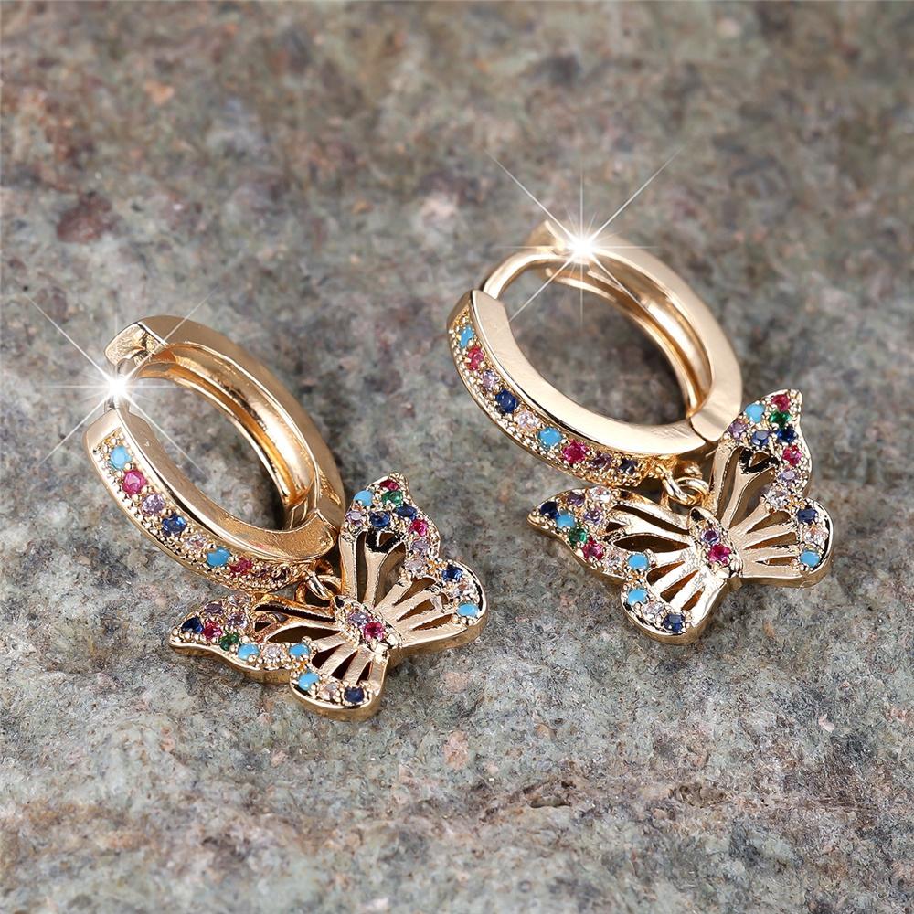 Luxury Female Rainbow Zircon Butterfly Hoop Earrings Fashion Gold Color Wedding  For Women