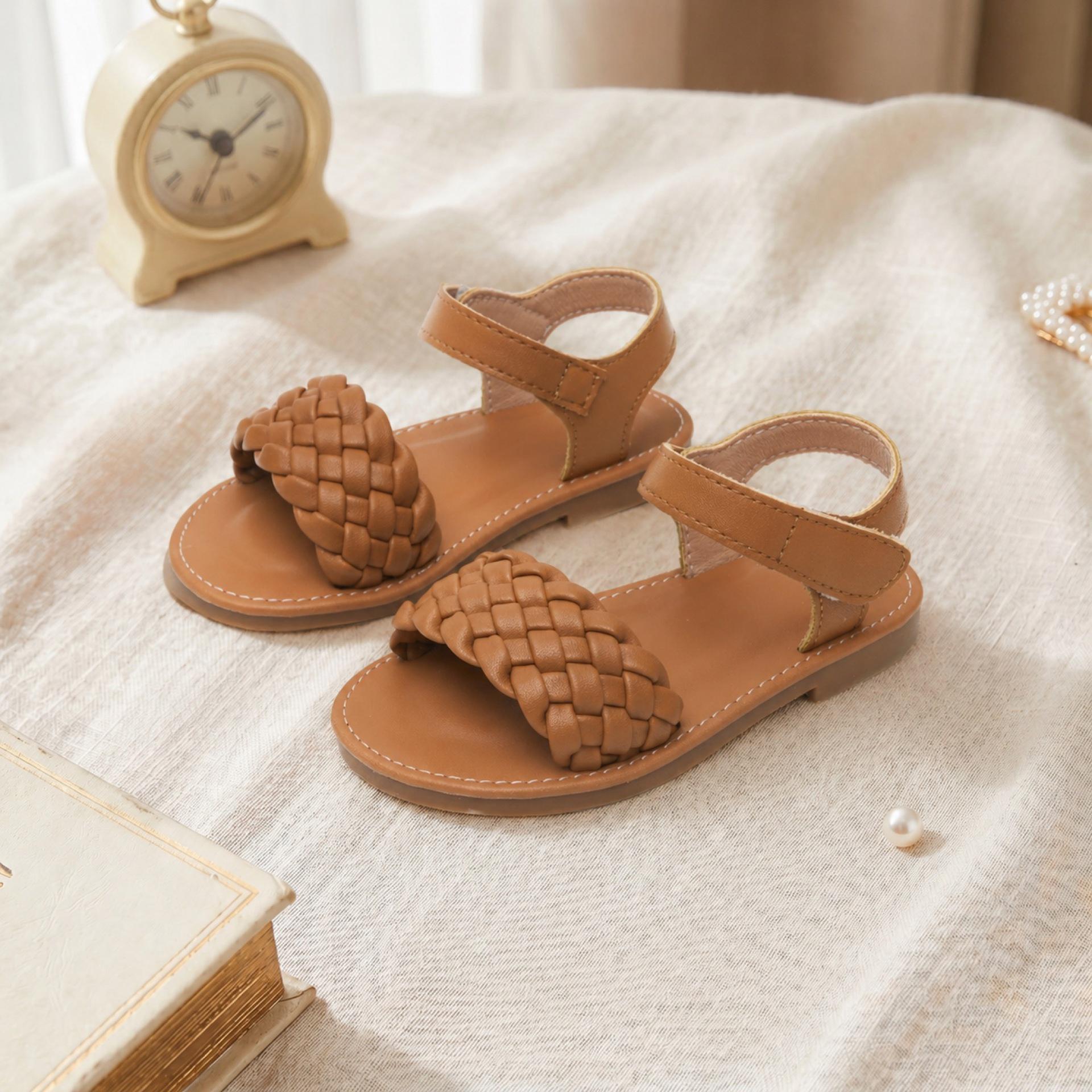 2026 Girls  Pink Soft Sole Non-Slip Woven Sandals with Velcro 25 коричневый