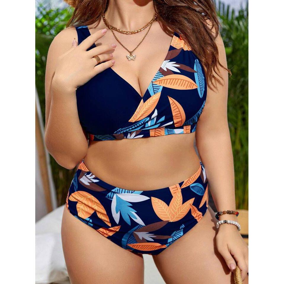 Plus Size Fashionable Sexy Floral Print Push-Up Bikini Set Swimsuit
