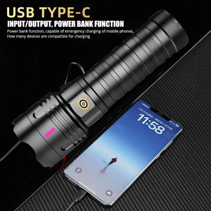 1/2PCS High Power Long Range LED Flashlight Zoomable Type-C Rechargeable Tactical Handheld Light for Outdoor Camping Fishing