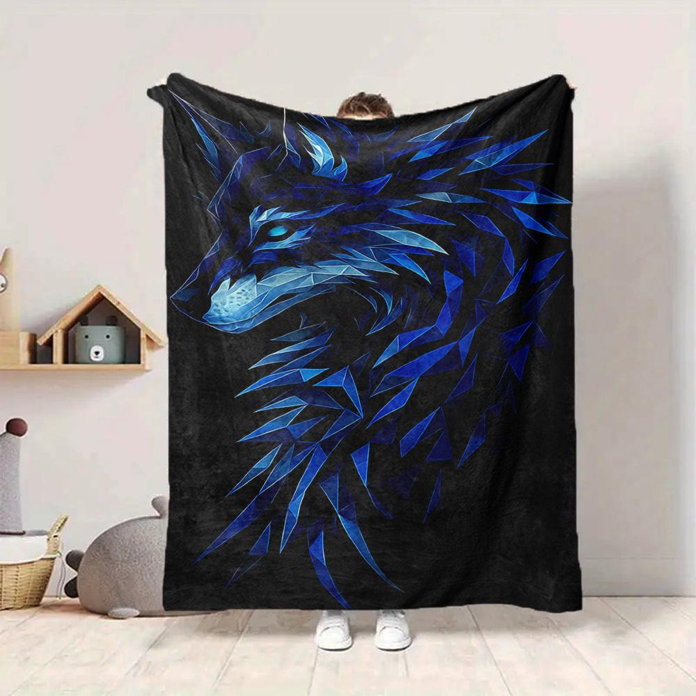 1pc Blue Wolf Head Soft & Warm Polyester Knit Blanket, Digital Printed, All-Season Throw for Napping, Traveling, Sofa yy250906030