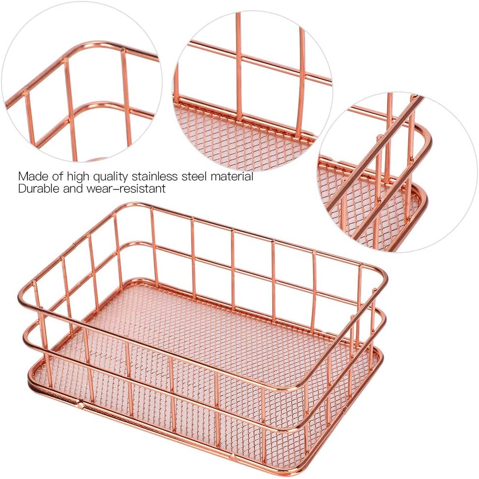 Rose Gold Wire Mesh Basket,Makeup Storage Basket Organizer Metal Desk Drawer Organizer Desktop Holder Tray Metal Grid Fruit Clothing Table Organizing