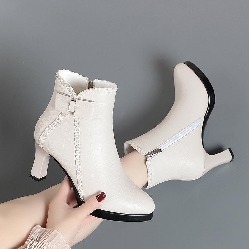 Autumn Women's Platform Shoes New Plus Velvet Stiletto Heel Heeled Ankle Boots Winter Keep Warm Bow Tie Short Boots