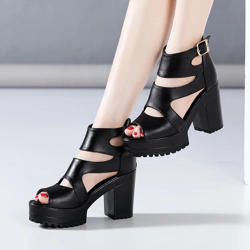 Small Size 32-43 Elegant Chunky Platform Shoes Women Summer 2025 Black Leather Block High Heels Gladiator Sandals Office Mother