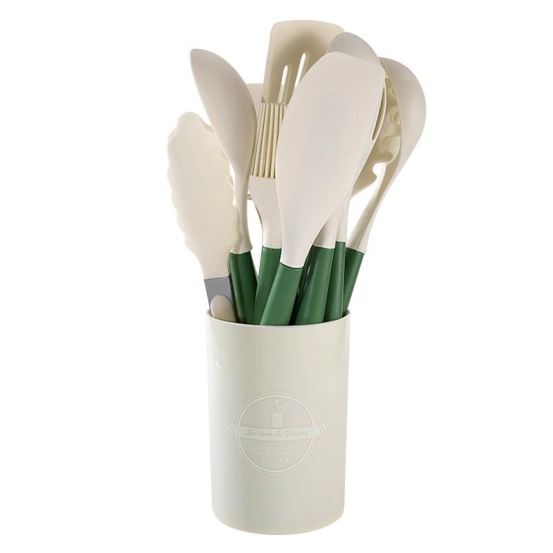12-Piece Silicone Kitchen Utensil Set With Plastic Handle - Heat Resistant Cooking Tools Nonstick Pots Pans Green Set 12pcs 800g