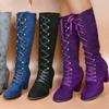 2026 Thigh Boots Women's New Retro Round Toe Spliced Suede Lace-up Non-Slip Wear-Resistant Knight Boots