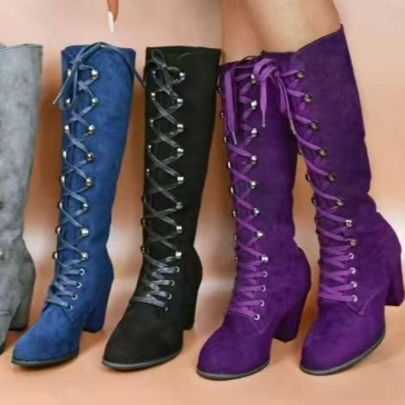 2026 Thigh Boots Women's New Retro Round Toe Spliced Suede Lace-up Non-Slip Wear-Resistant Knight Boots