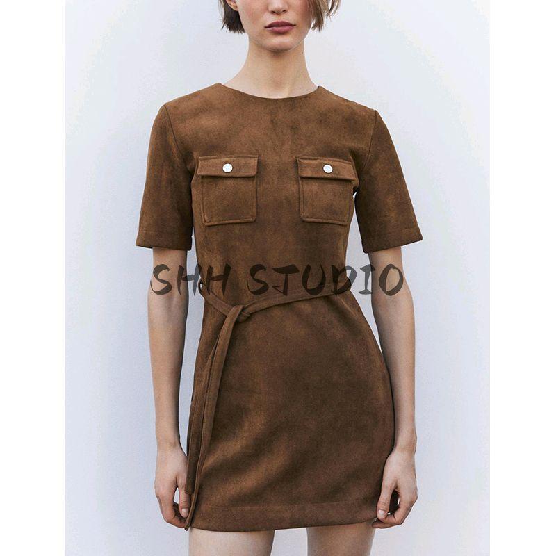 Women's Spring Clothing Fashion Style round Neck Short Sleeve with Belt Suede Texture Effect Dress 4344157