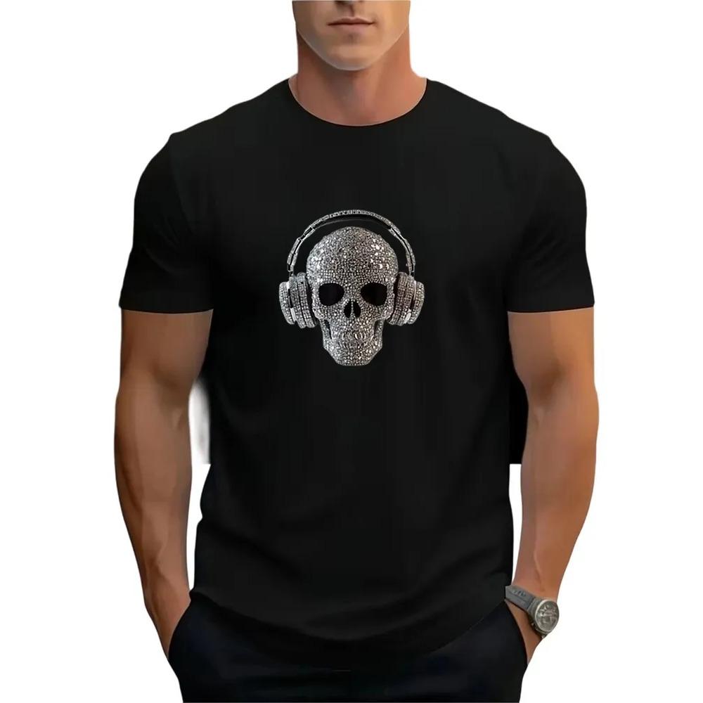Creative Skull Play Ball Pattern Print Short Sleeve T-shirt Summer Comfortable Fashionable Breathable Casual Versatile Sports Men's Cotton T-shirt