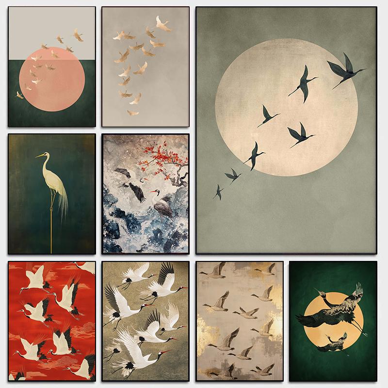 Salbeigrün Gold Japandi Kunstdruck Fliegende Vögel Wandkunst Abstrakte Sonnenkunst Wohnzimmerdeko Japanische Wandkunst Schlafzimmerdeko Geschenk