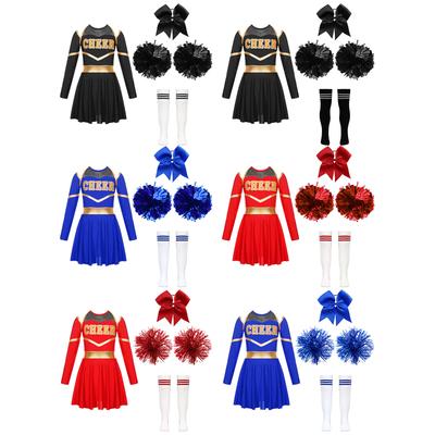 Kids Girls Dance Outfit Round Neck Long Sleeve Dress with Shorts Bowknot Headwear Hand Flowers Socks Cheerleading Uniform Outfits