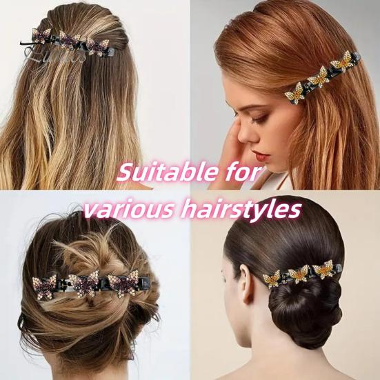 2Pcs Women Hairpins Sparkling Faux Crystal Butterflies Decor Braided Hair Clips Double Layer Bang Hair Pins