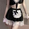1 Set Crop Top Contrast Color Shirring Deep V Neck Bow-knot Ruffle Cosplay Maid Style
