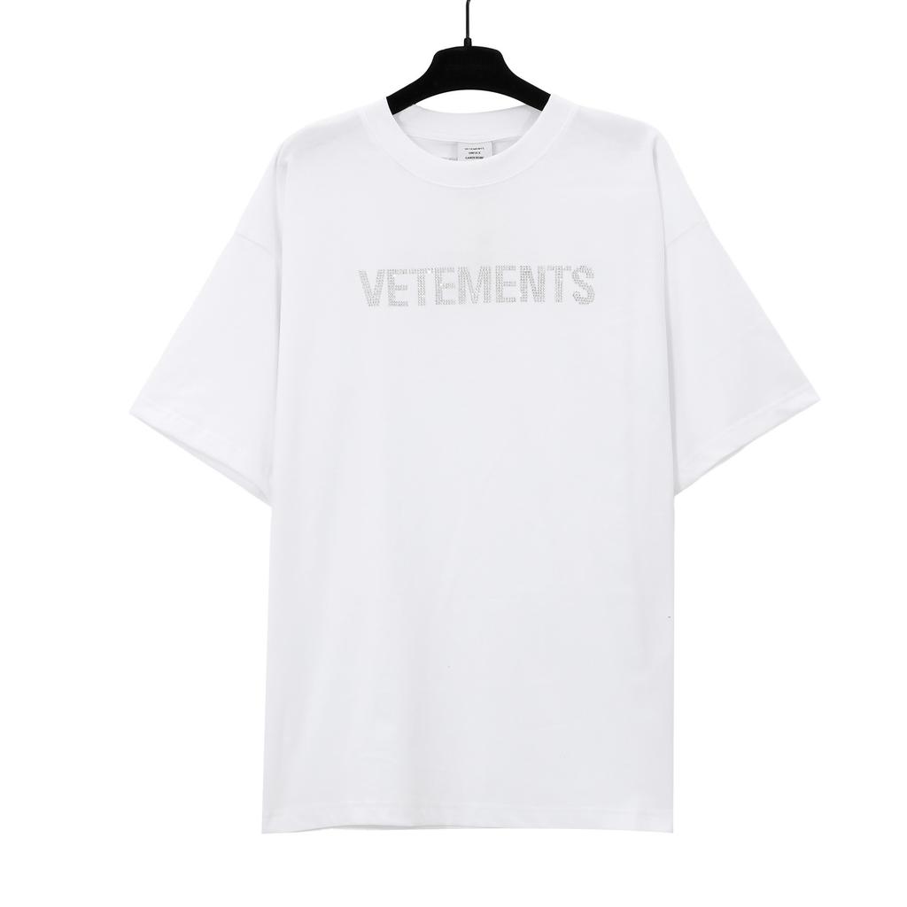 T-shirt in cotone puro a doppia filatura, lavata e invecchiata, con stampa di lettere Vetements, versione alta transfrontaliera, per uomo e donna