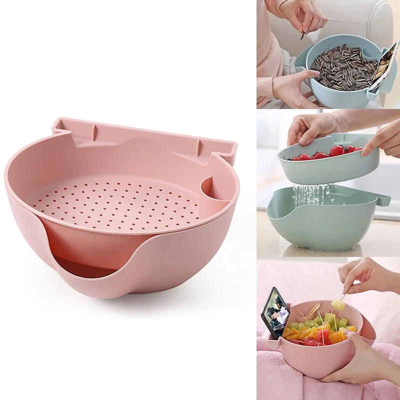 Lazy Snack Bowl Plastic Drainable Multifunction Eat In Bed Snack Storage Box Plate Organizer Fruit Plate Bowl with Phone Holder