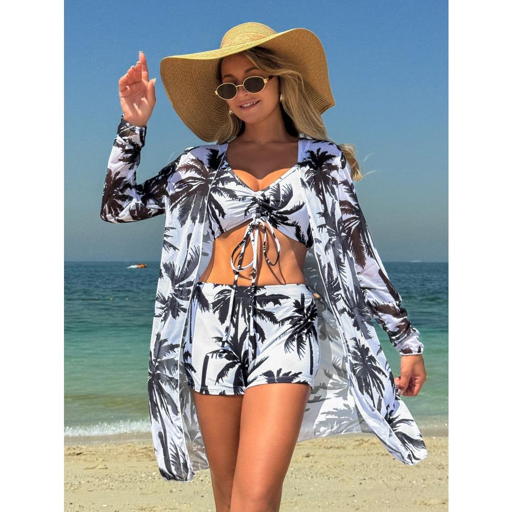 Bikini de Tres Piezas para Mujer con Pantalones Cortos tipo Boy Short, Bañador de Moda con Lazo y Cubre Traje de Playa