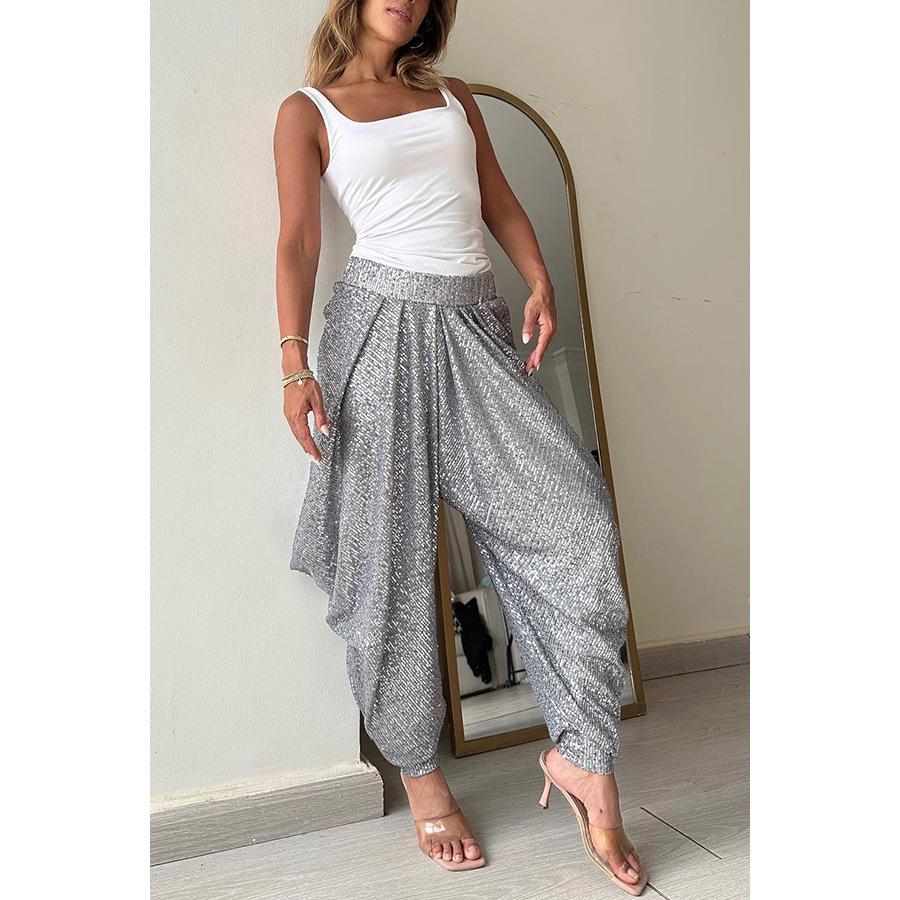 

Повседневные брюки-фонарики с пайетками на резинке для весны/лета Medium серый