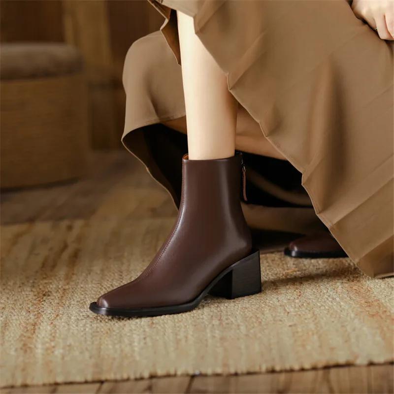 Fashion New Spring Split Leather Western Boots Square Toe Chunky Heel Boots for Women Winter Short Boots Concise Women Boot High Heels