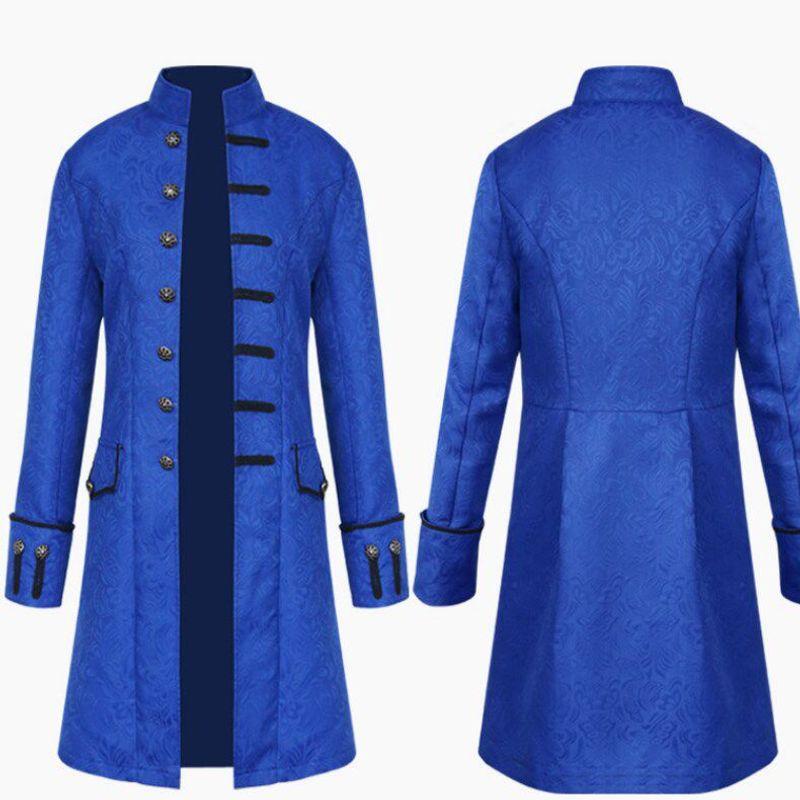 Amazon s Best-Selling European and American Men s Clothing, Medieval Clothing, Jackets, Trench Coats, Long Retro Stand-Up Collar Coats for Men Retro Men s Clothing [Blue Jacquard Fabric] 2XL