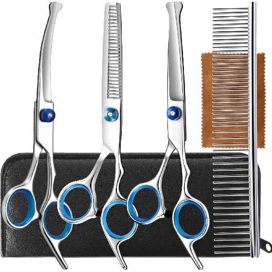 5 in 1 Upgraded Thicken Dog Grooming Scissors, Professional Dog Scissors for Grooming with Safety Round Tips, Lengnoyp Stainless Steel Thinning