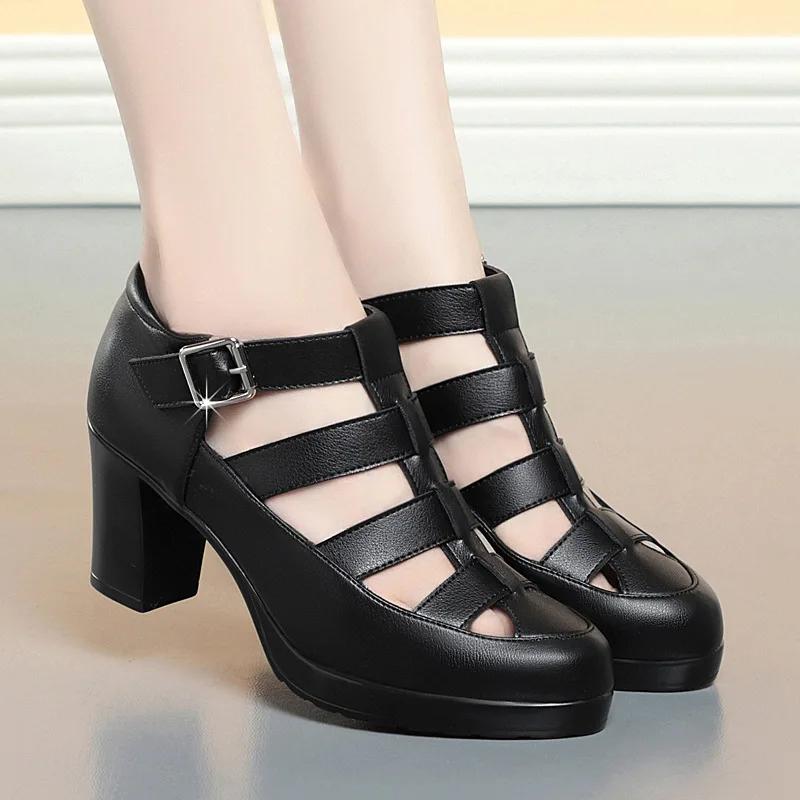 5.5cm 7cm Breathable Cutout Close Head Platform Shoes Soft Leather 2025 Summer Block Med Heels Gladiator Sandals for Office Mom