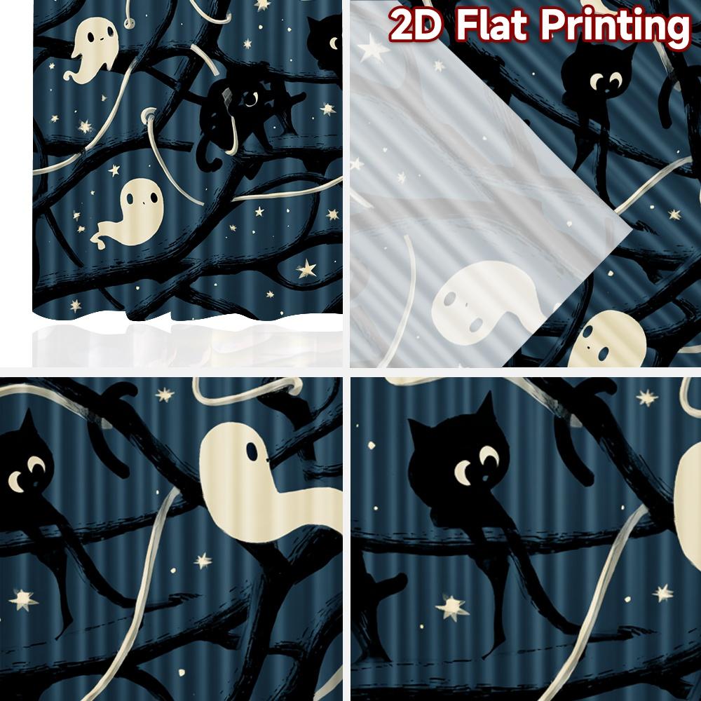 Flat Printing Curtains Without Rod Halloween Night Cat Ghosts Valentine Is Day Holiday Digital Curtain Set Of 2 Made Polyester Washable