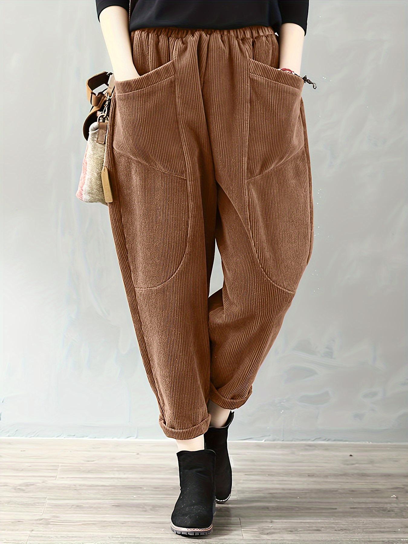 

Available Now! 2025 TEMU Autumn/Winter Women s Corduroy Pants with Elastic Waist & Pockets - Loose Fit Fashion Outerwear. S темно-коричневого кольору