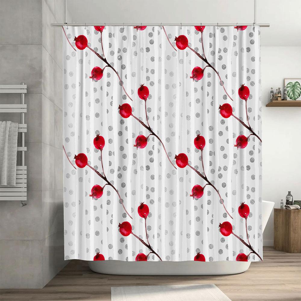 Modern Bathroom Decor Shower Curtain Set with Red Berry Floral Print White Polka Dot Polyester Watercolor Design for Home Bath D