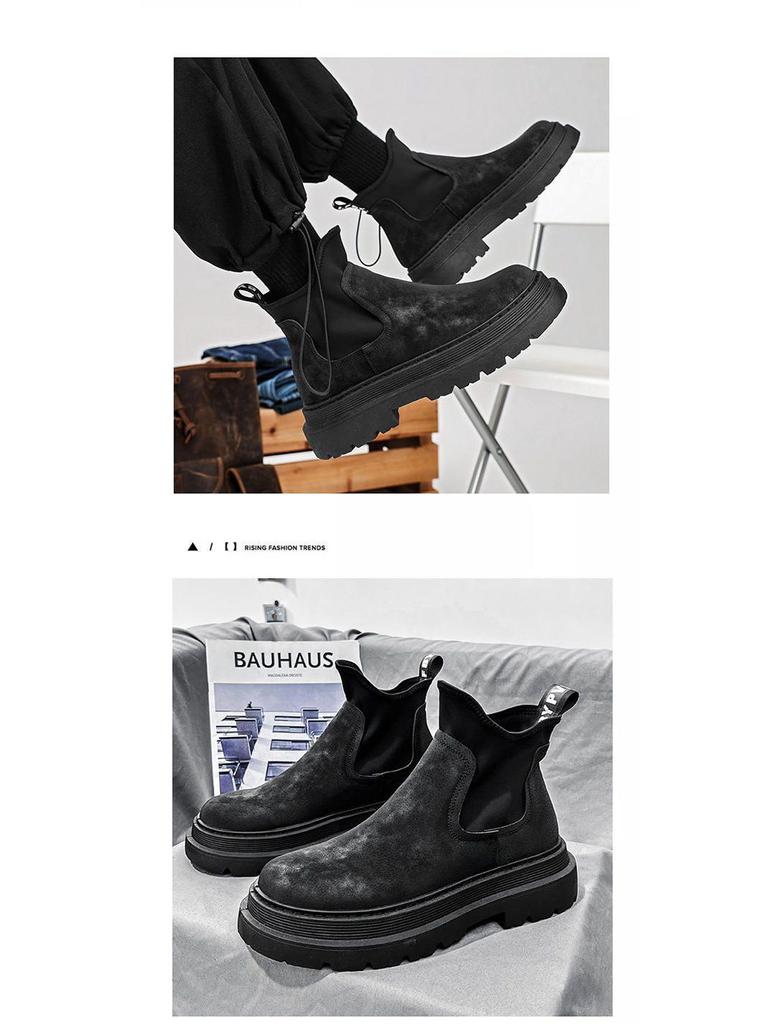 Men's Black Chelsea Ankle Boots: 2025 British Style, Thick Sole, Height-Enhancing Workwear.