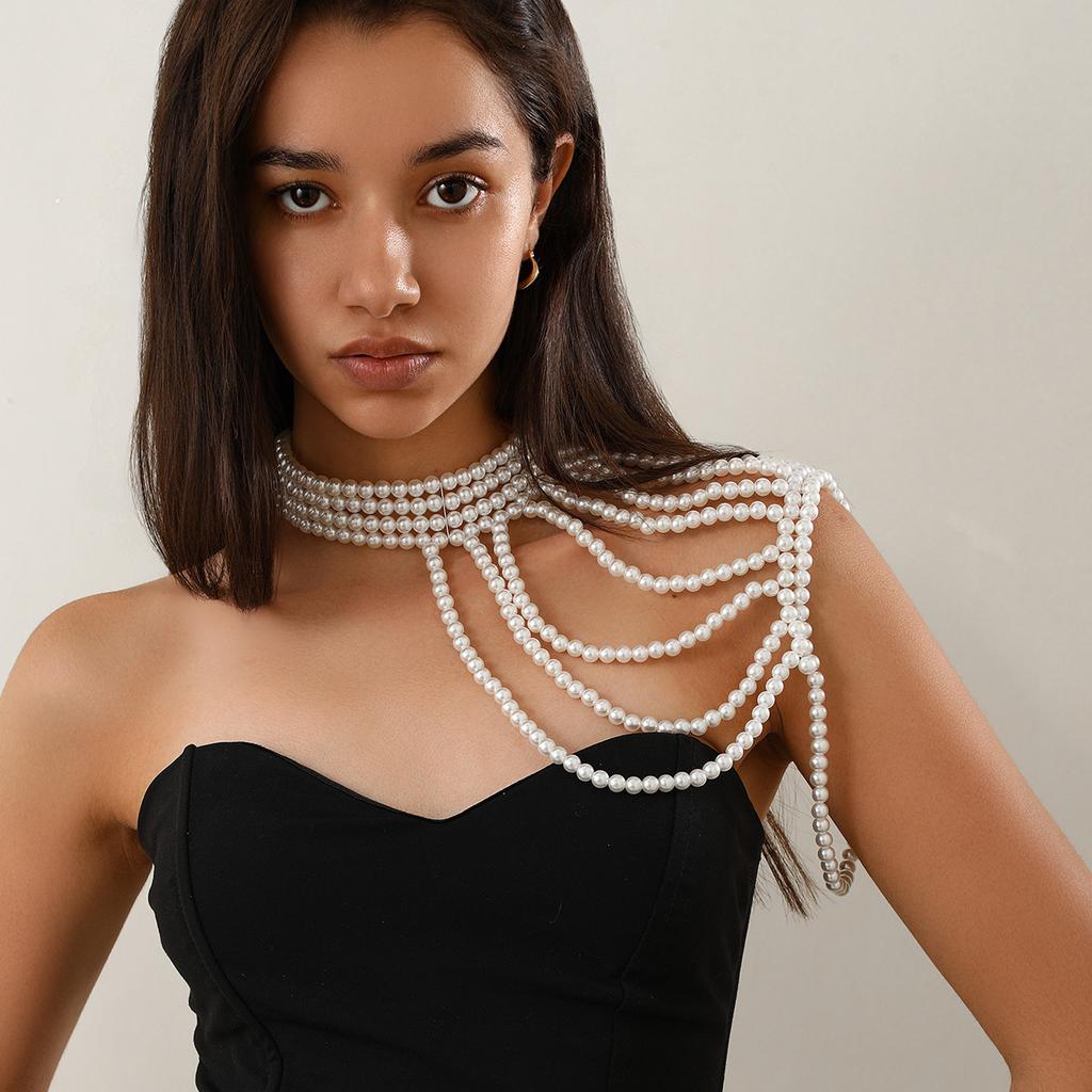 Accessories Fashion Temperament Multi-layer Imitation Pearl Tassel Shoulder Chain Dress with Clothing Body Chain Chest Chain