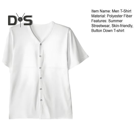 Pánské tričko s knoflíky, jednobarevné, s výstřihem do V a krátkým rukávem, letní ležérní prodyšný top pro denní nošení na ulici