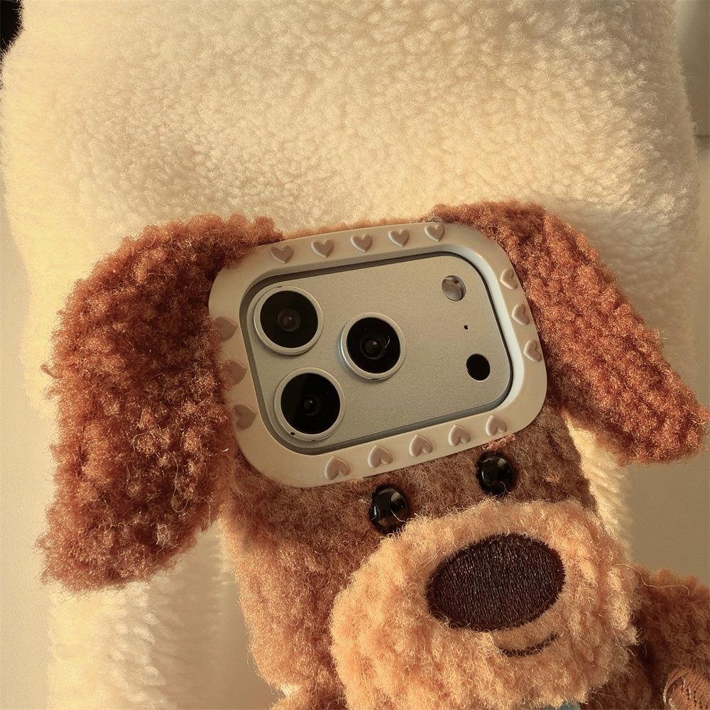 Plush Brown Puppy iPhone 14/13 Pro Max Case - Anti-Fall Protection