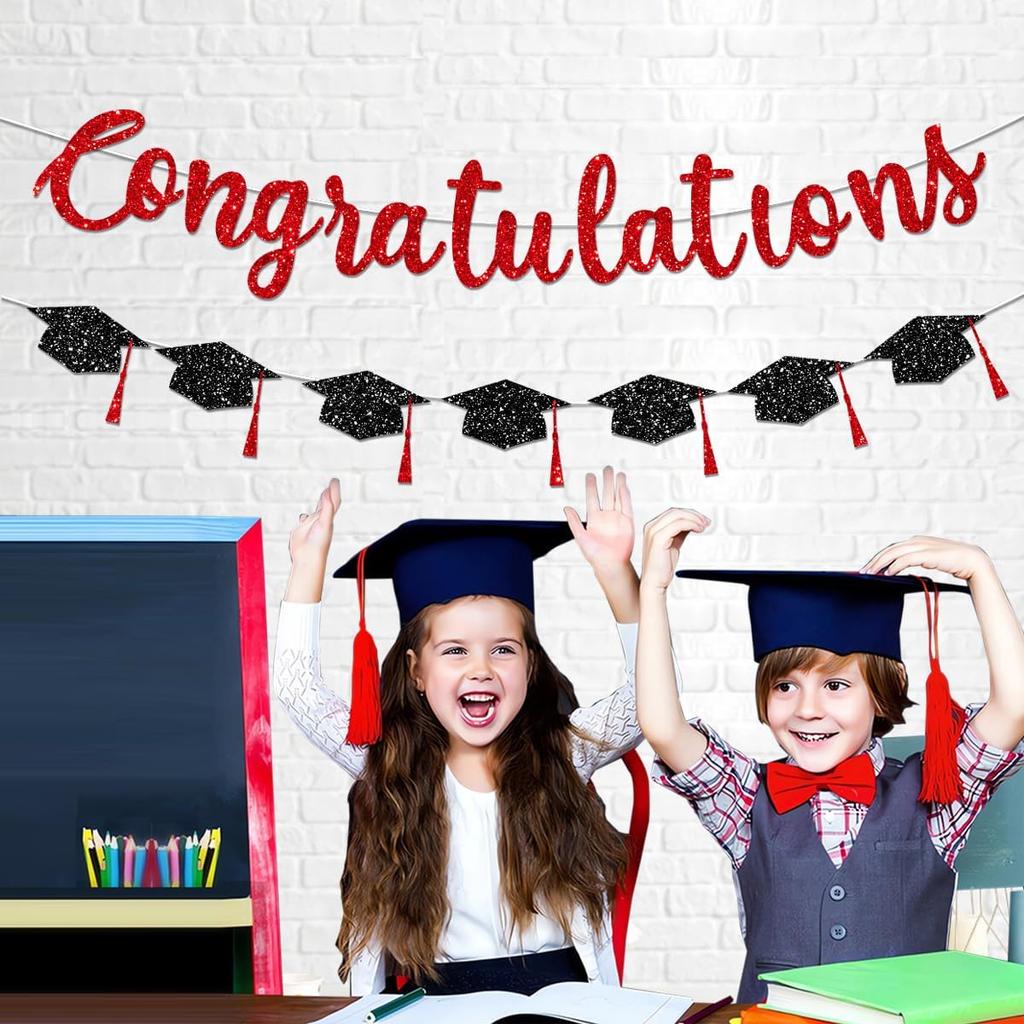 Congratulations Banner Graduation Decorations Class of 2026 Red Glitter Congrats Grad with Tassel Party Decor College High School Favors Black