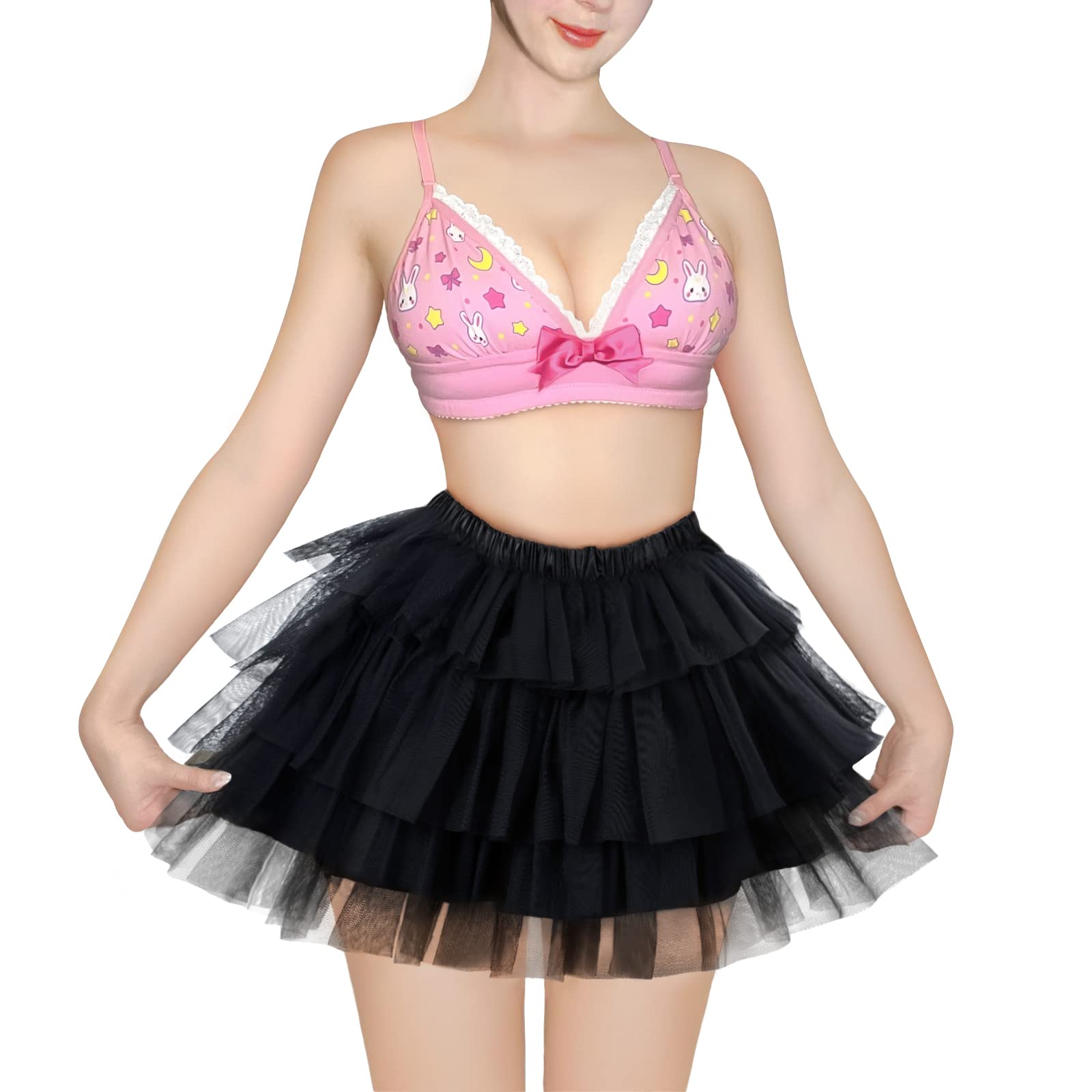 

LittleForBig Girls 3-Layer Mesh Tutu with Bow, Fluffy Petticoat [Mini Ballerina Skirt] Black, Size M