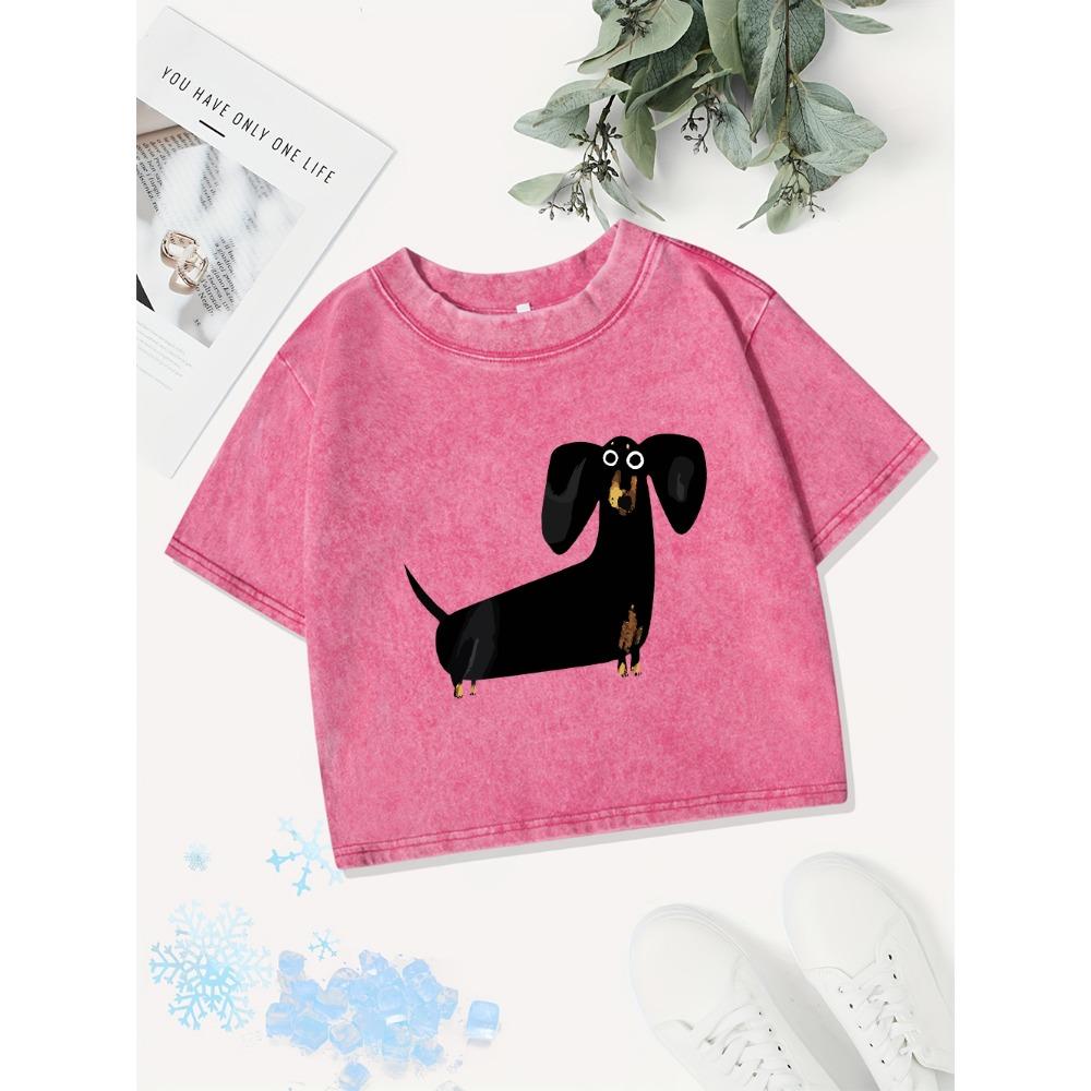 Summer Cotton Crop Tops Womens Funny Dachshund Dog Printing Washed T-Shirts Regular Fit Streetwear Y2K Clothes