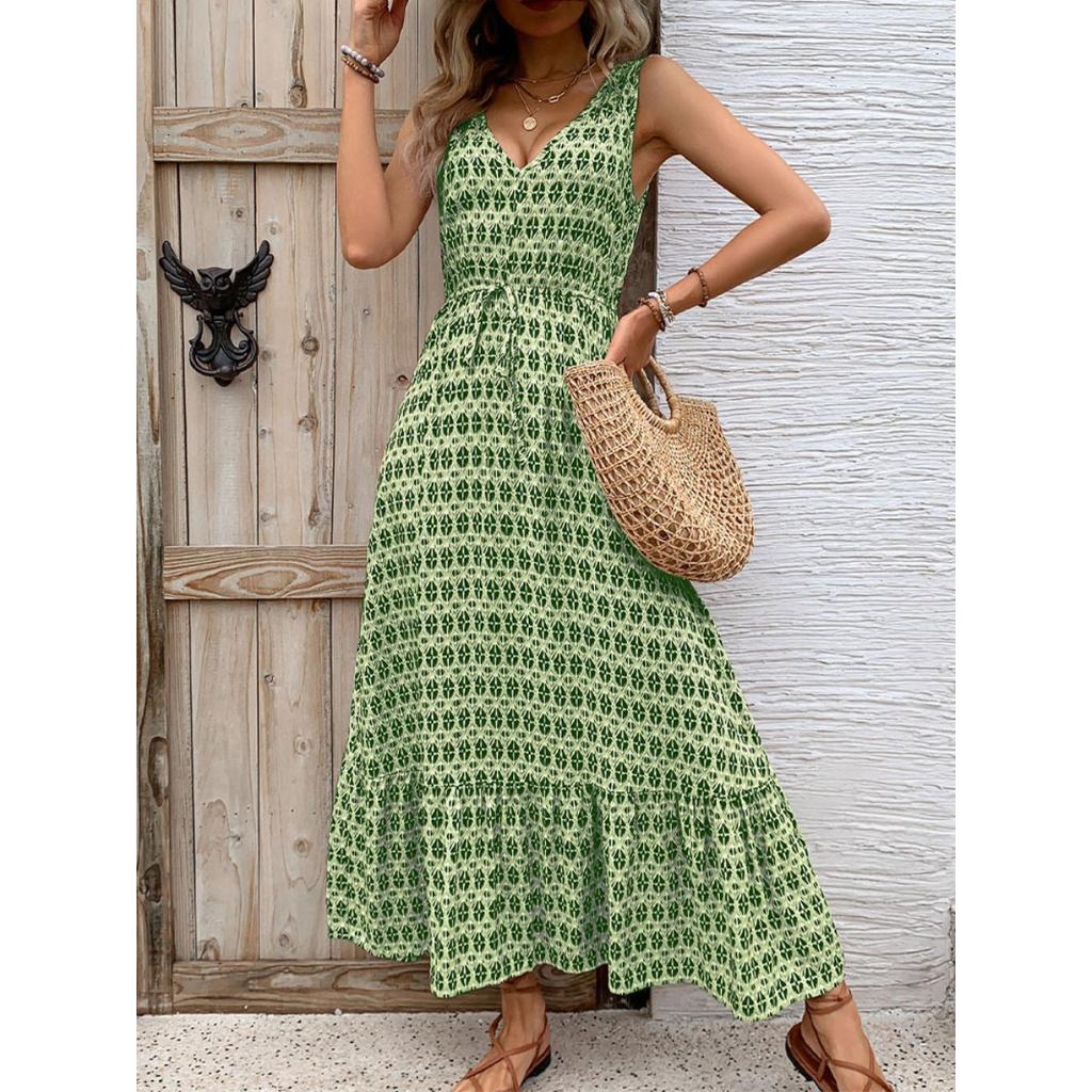 Summer Women Elegant High Waist Geometric Print Sleeveless Dress European American Casual Fashion Streetwear