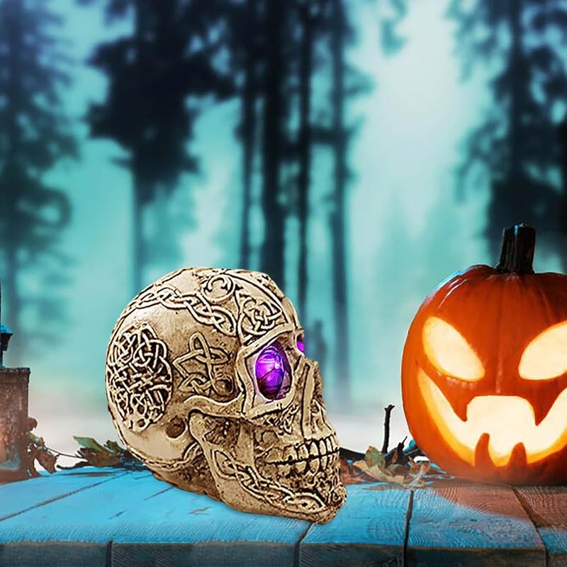 Halloween Gothic Glowing Skull, Human Skull with LED Light Up Glowing Eyes, Lighted Novelty Resin Statue, for Indoor Bar Holiday Horror Haunted House