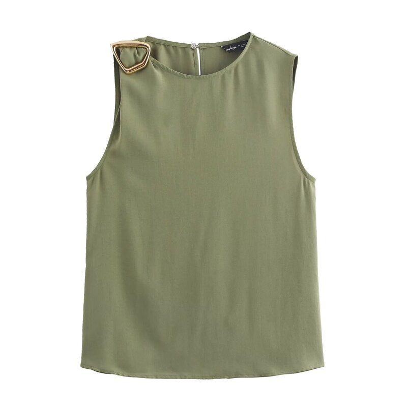Fashion Style 2024 Autumn New Women's Clothing Buckle Decoration Drape Sleeveless Casual Crew Neck Top 3897159