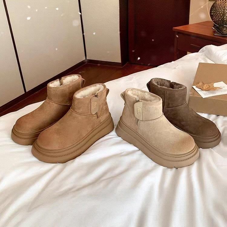 Women's fashion lightweight height-enhancing soft sole winter warm fur one snow boots velvet wool lined non-slip casual sports cotton boots