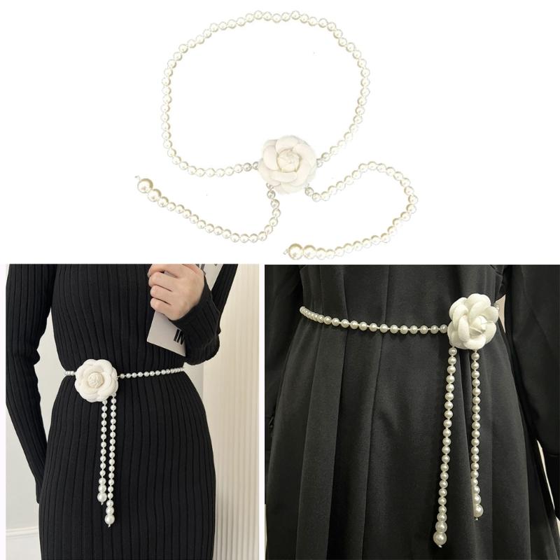 Flower Waist Chain Camellia-Pearl Body Chains Waist Belt Chain Summer Beach Waist Body Chain Jewelry for Women Girl