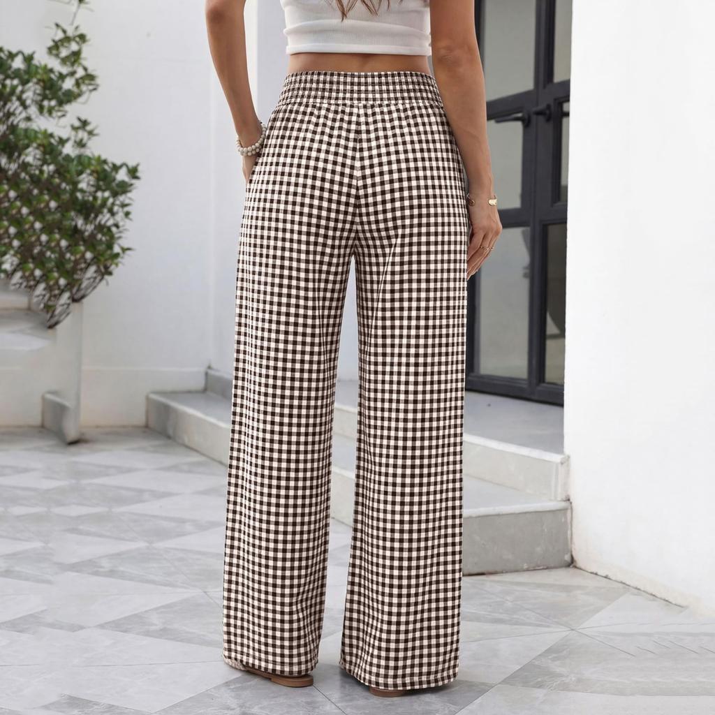 Women's Casual Loose Fit High Waist Striped Wide Leg Pants with Pockets Elastic Waistband Comfortable Long Trousers for Everyday Wear