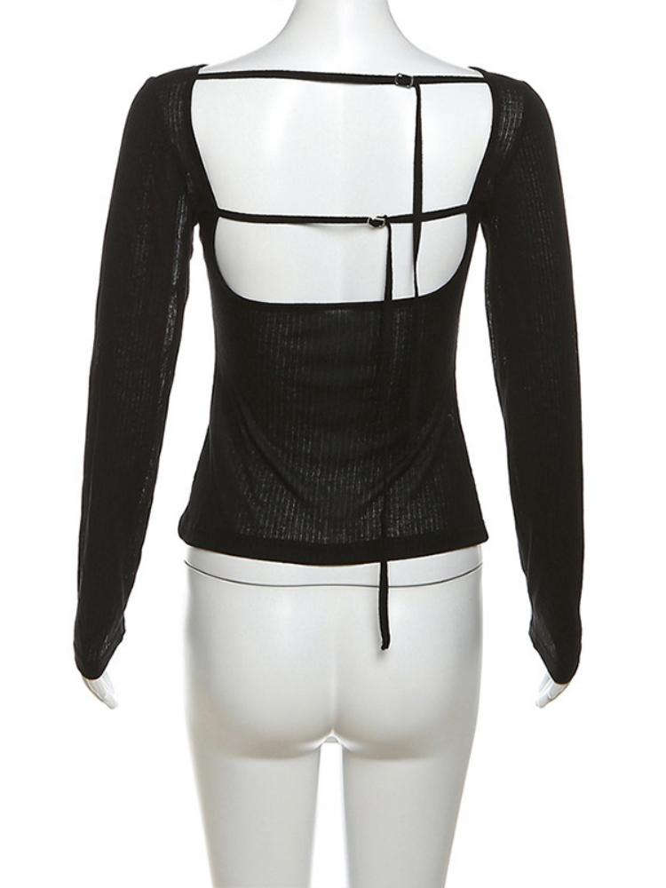 Women Autumn Long-sleeved Slash Neck Crops Tops Elastic Sexy Slim Backless T-Shirts Female New Fashion Lace-up Solid Top Tees