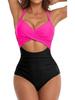 European American Color Block Spliced Cutout One-Piece Swimsuit with Adjustable Cross Tie-Up.