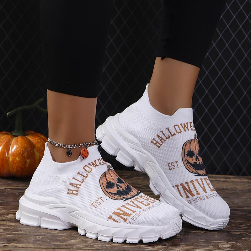 Halloween Style Platform Sneakers Women Breathable Knitted Soft Sports Shoes Ladies Comfort Flat Heels Non-Slip Casual Shoes