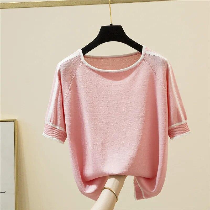 Tricou tricotat subțire ocazional Topuri cu mânecă scurtă de vară Haine elegante pentru femei Tricou la modă în dungi