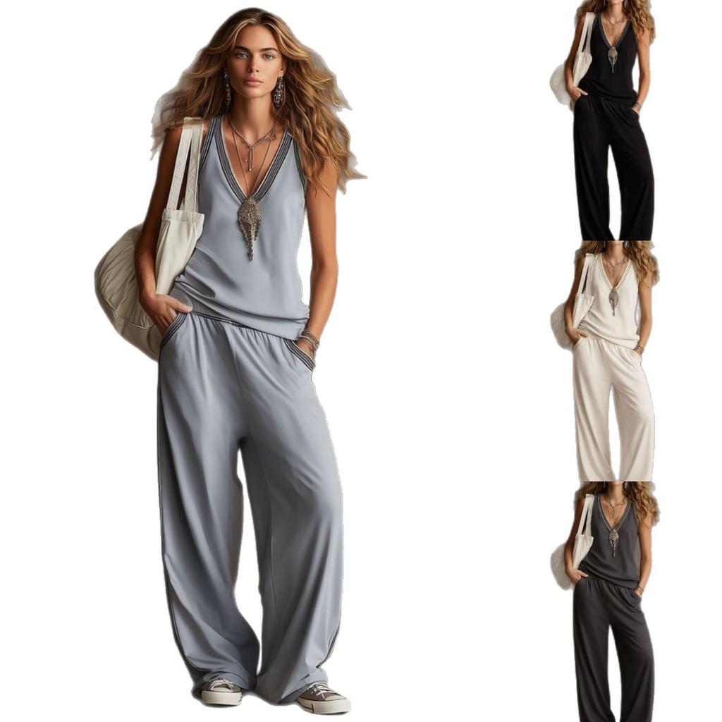 Damen V-Ausschnitt Weste & Weite Hosen Zweiteiliges Set