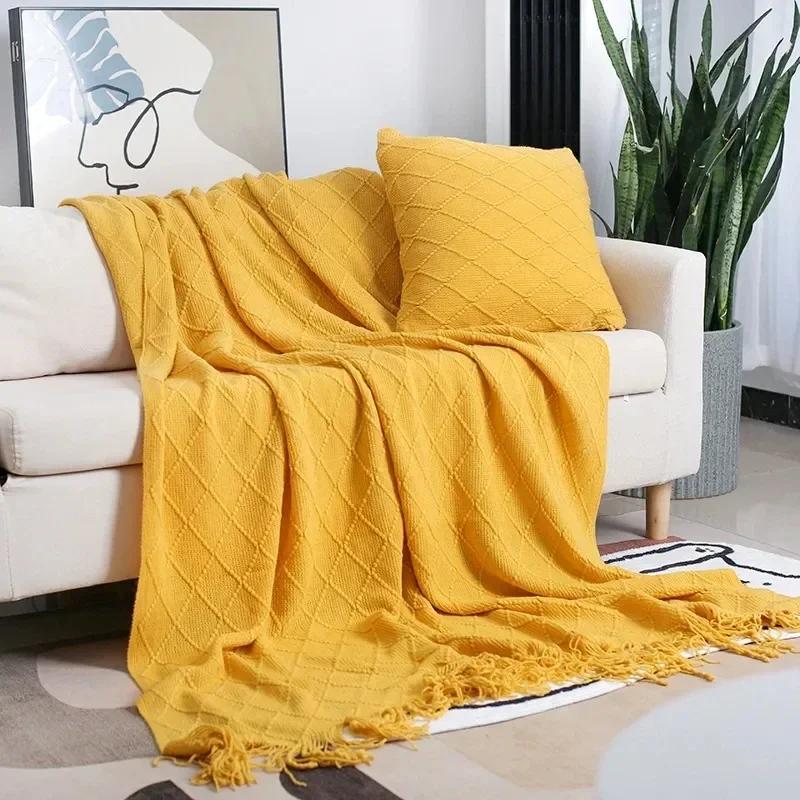 Nordische gestrickte TV-Decken Bettende Dekor Drop Shipping Schal Sofadecke mit Quasten Schal Sofa Nachahmung Fleece Überwurfdecke